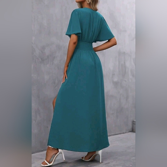 NEW Chic Ruched Waist Flutter Sleeve Maxi Dress Teal Green Blue - Picture 4 of 9